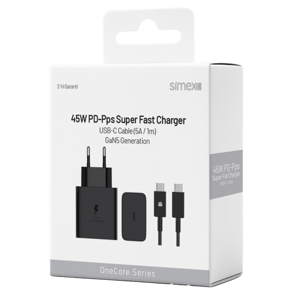 Simex SPS-18 45w PD Şarj Cihazı ve Type-C Kablo Şarj Seti I Siyah Simex SPS-18 45w PD Şarj Cihazı ve Type-C Kablo Şarj Seti I Siyah