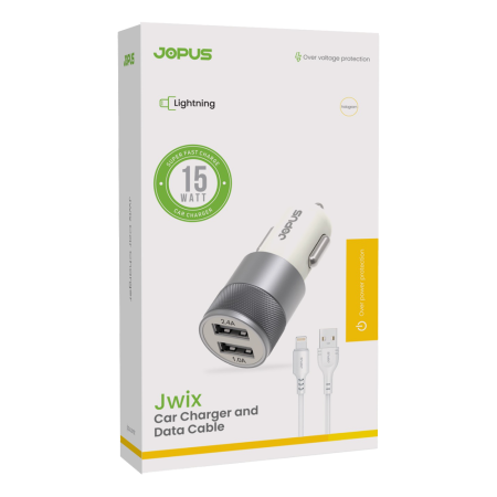 JOPUS JWIX 15W Çift USB Lightning Araç İçi Şarj Seti – iPhone Uyumlu