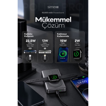 SİMEX 10.000 mAh 22.5W Hızlı Şarj 15W Kablosuz ve Akıllı Saat Şarjlı Powerbank – Toptan