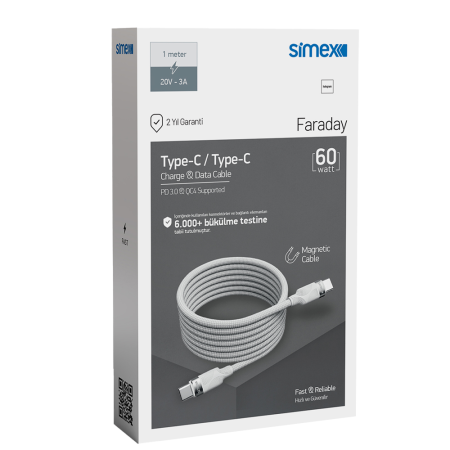 SİMEX 60W Mıknatıslı Type-C to Type-C Hasır Örgülü Hızlı Şarj Kablo